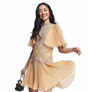ASOS Design Flutter Sleeve Chiffon Mini Dress Lace Panels Peach/Tan Size 4